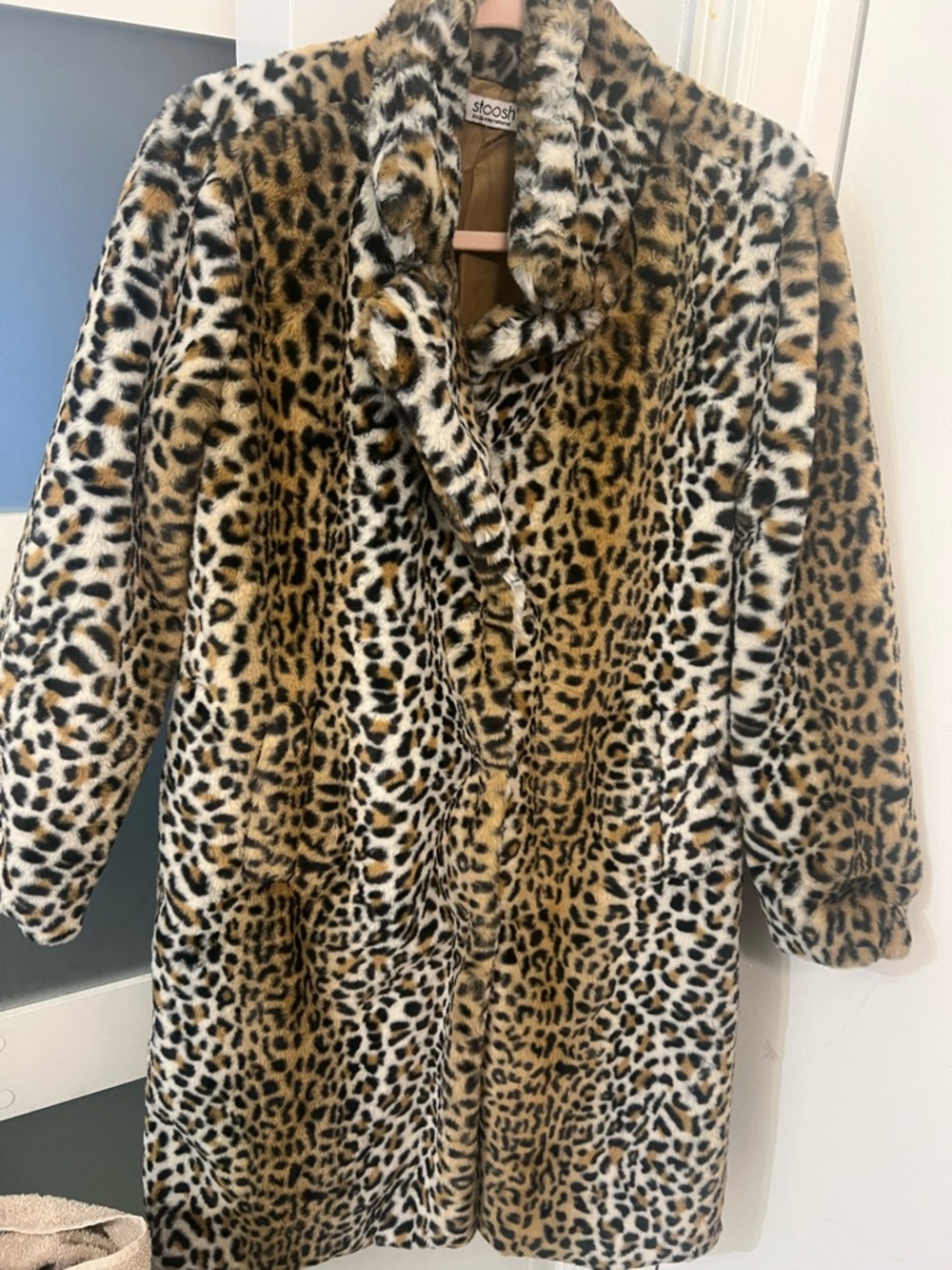 Stoosh Leopard Print Faux Fur Coat - Tan/Black/White